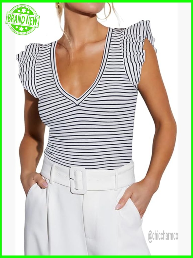 V Neck Tank Summer Tops Striped Ruffle Short Sleeve Fitted Ribbed Knit Blouse